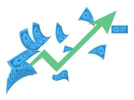 Lots of money and green up arrow rapid increase in money white background painting vector