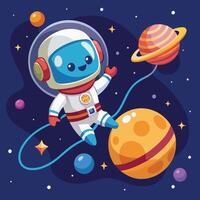 Cute Astronaut Floating With Planet Balloon In Space Cartoon Icon Illustration. Technology Science Icon Concept Isolated Premium . Flat Cartoon Style vector