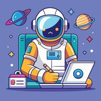 Astronaut Working On Laptop And Writing Cartoon Illustration. Science Business Concept Isolated . Flat Cartoon Style vector