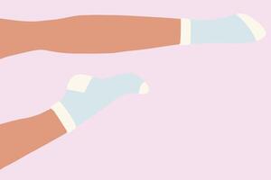 Flat illustration of legs lying on the floor. The right one is bent at the knee in the horizontal plane. The blue socks with white elastic band and heel are on the feets. vector
