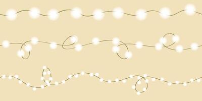 Seamless garlands with white light bulbs different sizes. The wires have loops and waves. Christmas, New Year decoration isolated on brown. vector
