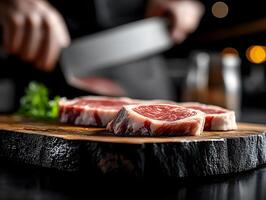 Fresh Raw Lamb Chops on Rustic Wooden Cutting Board with Chef Preparing to Slice photo