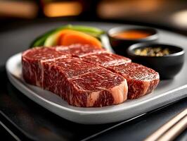 Raw Marbled Beef Steaks on a Plate with Vegetables and Seasoning Bowls in a Gourmet Setting photo