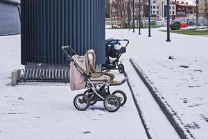 Modern empty prams on the playground in winter photo