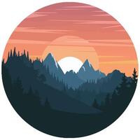 A circle with mountains and trees at sunset vector