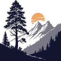 Mountain landscape with pine trees and sun vector
