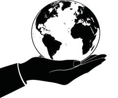 A hand holding a globe in black and white vector