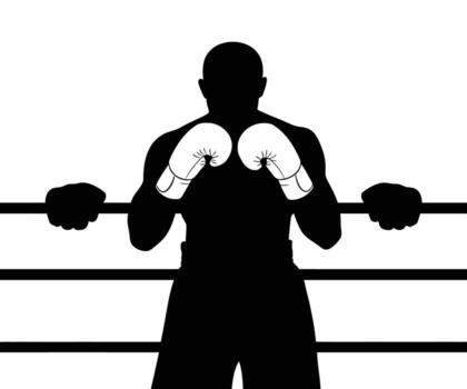 Dark outline of a boxer in a dynamic stance within the boxing ring. vector