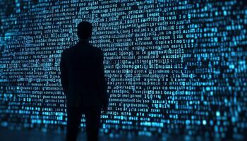 Exploring the depths of digital data a solitary figure contemplates the vastness of binary code and its implications on technology and society photo