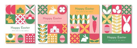 Set of modern Happy Easter banners with geometric shapes in abstract, trendy minimalist style. Perfect for holiday decor and design. vector