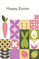 Geometric abstract seamless pattern featuring bunnies, Easter eggs, and flowers. Perfect for Easter posters, banners, wrapping paper, and sale promotion templates. vector