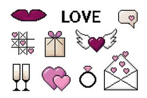 A collection of vintage Valentine-themed pixel icons in 8-bit retro arcade game style, perfect for games, mobile apps, or nostalgic designs. vector