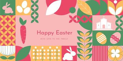 Easter greeting card with an abstract geometric pattern featuring traditional symbols like rabbits, Easter bunnies, and eggs. Perfect for posters, banners, and festive covers. vector