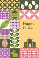 Happy Easter spring banner featuring a mosaic design with rabbits and nature-inspired elements, creating a vibrant and festive seasonal decoration. vector