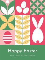 Easter greeting geometric banner with simple symbols like eggs, bunnies, and flowers, featuring wishing text. Ideal for posters, flyers, web, and festive covers. vector