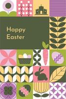 A geometric abstract seamless pattern for Happy Easter posters, banners, wrapping, or sale promotions. Trendy illustration with bunnies, Easter eggs, flowers, and simple shapes. vector