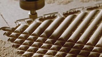 Close-up of automated wood carving machine. Creative. Rotating needle with robotic cutting machine in production. Woodworking enterprise with modern carving machines video
