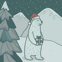 A cartoon polar bear holding a gift in front of a tree vector