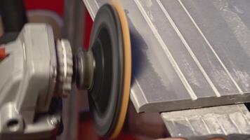 Craftsman hands polishing board with machine. Creative. Man carpenter using grind equipment. video