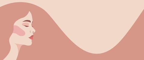 cute banner with place for text, face portrait of a woman in profile. illustration in pink pastel colors for printing vector