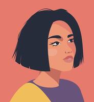 flat illustration of a bright portrait of a woman with a brunette bob hairstyle avatar on a pink background. Avatar icons, user profile, media, website and app design and development, icons vector