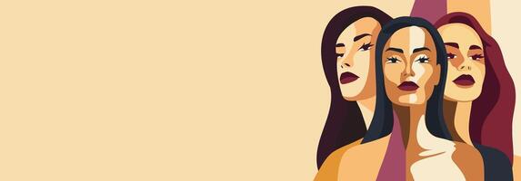 banner. The concept of feminism, gender equality, protection of women's rights and freedoms. Different strong women stand shoulder to shoulder vector