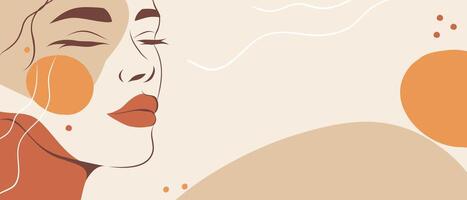 A woman's face in one line. portrait in profile with geometric shapes Memphis style in a modern minimalist style. illustration in beige pastel colors for printing vector