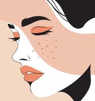 female portrait face with black lines in profile with geometric shapes Memphis style in a modern minimalist style. illustration in beige pastel colors for printing vector