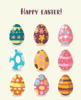 text Happy Easter. Decorative set of Easter eggs Easter eggs with ornaments of various colorful decoration patterns on a white background illustration vector