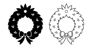 Christmas Wreath with Bows and Berries. Black silhouette and outline illustrations isolated on white background. Concept of Holiday Decoration, Festive Ornaments, Minimalist style. Design Elements vector