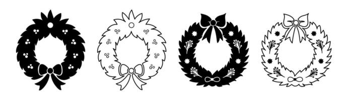 Set of Christmas wreaths with bows. Black silhouette and outline illustrations isolated on a white background. Concept of holiday decoration, festive ornaments, minimalist style, and design elements vector