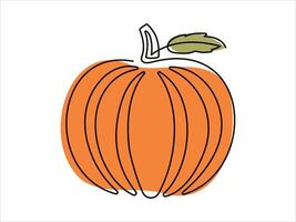 Pumpkin in continuous one-line drawing style with green leaves, isolated on a white background. Concept of autumn, harvest season, Halloween decor, Thanksgiving, minimalist line art vector