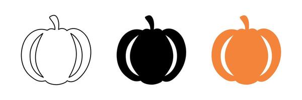 Set of three pumpkin silhouettes in different styles, outline, solid black, and solid orange isolated on white background. Concept of autumn, Halloween, harvest season, Thanksgiving, minimalist design vector