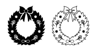 Christmas Wreath with Bows and Berries. Black silhouette and outline illustrations isolated on white background. Concept of Holiday Decoration, Festive Ornaments, Minimalist Design Elements vector