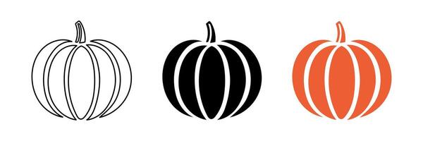 Set of three pumpkin silhouettes in different styles, outline, solid black, and solid orange isolated on white background. Concept of autumn, Halloween, harvest season, Thanksgiving, minimalist vector
