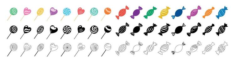 Wrapped Candies and Lollipops Big Collection isolated on White Background. Black silhouettes, outlines, and colored versions. Concept of Sweet Treats, Confectionery, Minimalist style. Design Elements vector