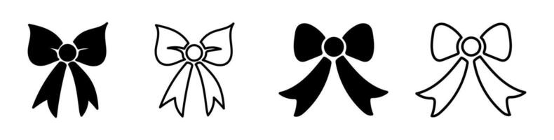 Set of Decorative Black Bow Silhouettes and Outlines Isolated on White Background. Concept of Elegant Ribbons, Minimalist Design, Gift Decoration, Stylish Outline. Print, Icon, Design Element vector