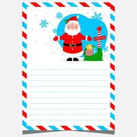 Christmas letter or wish list blank template with empty lines to fill out by children. holiday postcard with snowflakes, airmail border frame, funny Santa character with gift bag. vector
