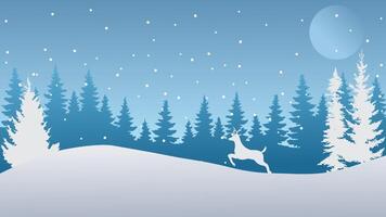 Beautiful winter landscape featuring a serene snowy forest under a moonlit sky. Silhouettes of pine trees and a graceful deer create a peaceful seasonal atmosphere with softly falling snowflakes. vector