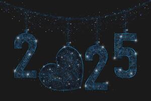 Abstract isolated blue image of new year number 2025. Polygonal low poly wireframe illustration looks like stars in the black night sky in space or flying glass shards. Digital web, internet design vector