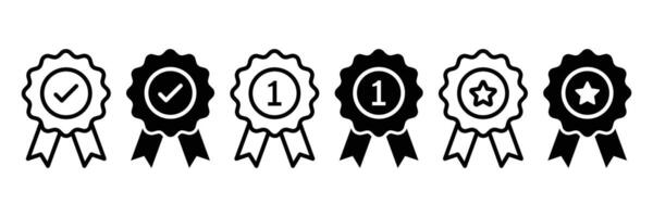 Rosette icon set with 1, tick, and star. Premium quality ribbon. First prize icon. Best, high, standard icon. Top quality product symbols. vector