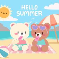 A cheerful summer illustration of two cute cartoon bears enjoying ice cream on a beach picnic under a bright sunny sky. vector