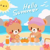 A cute summer illustration of two cute cartoon bears enjoying a beach picnic with orange juice under the sunny sky, surrounded by tropical seaside elements. vector