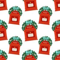 Red letterbox decorated with spruce garland with mistletoe berries. Christmas seamless pattern. For textile, wrapping paper, background. vector