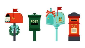 Set of illustrations of mailboxes. Different boxes for letters. Christmas decor for cards, backgrounds, invitations, letters. vector
