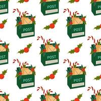 Letterbox, caramel cane and ilex berries. Christmas seamless pattern. For textile, wrapping paper, background. vector