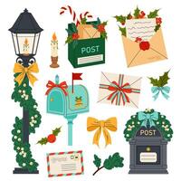 Post. Set festive decorations. Street lamp, different mailboxes, letters. Flat illustration for cards, backgrounds, patterns, posters, invitations. vector