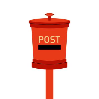 Mailbox. Vintage red coloured metal box for letters and postcards. Flat illustration on white background.