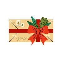 Letter. Paper envelope tied with a red bow. Letter with marks and stamp. Holiday message, postcard, parcel. Flat illustration on white background. vector