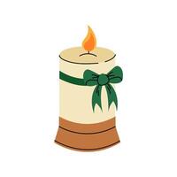 Candle tied with green ribbon. Decor to create cozy atmosphere. Elegant paraffin or wax candles on a stand. Flat illustration on a white background. vector